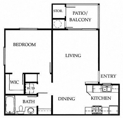 One bedroom one bathroom 1A floor plan