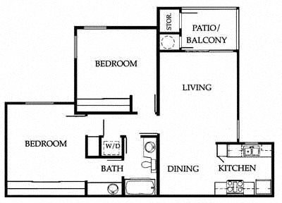 Two bedroom one bathroom 2A floor plan