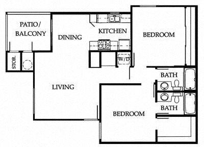Two bedroom two bathroom 2B floor plan