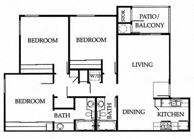 Three bedroom two bathroom 3A floor plan