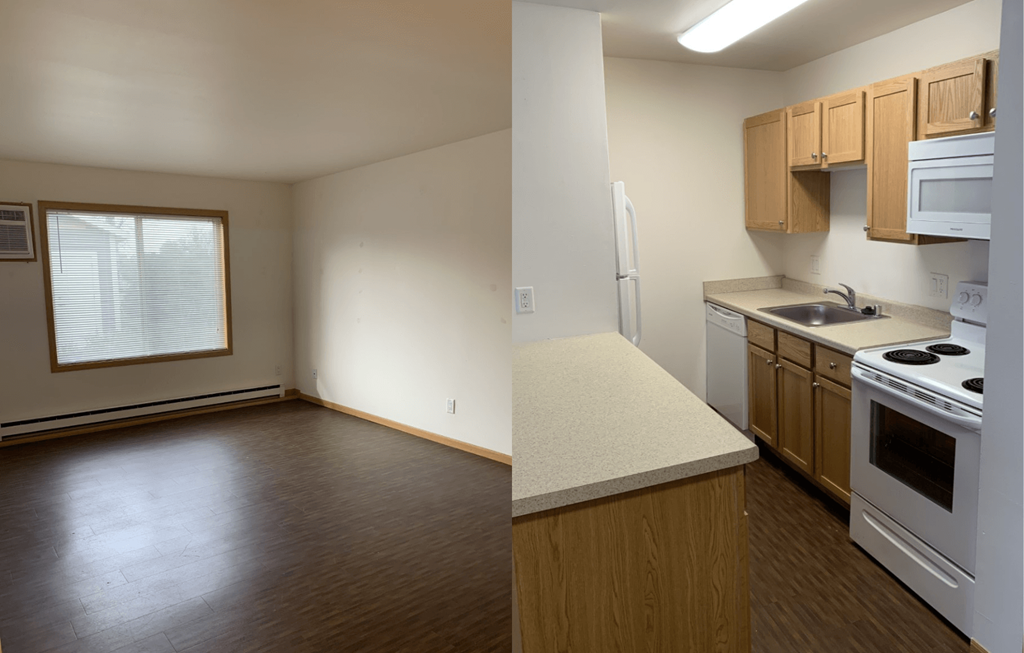 two pictures of a kitchen and a living room with wood floors