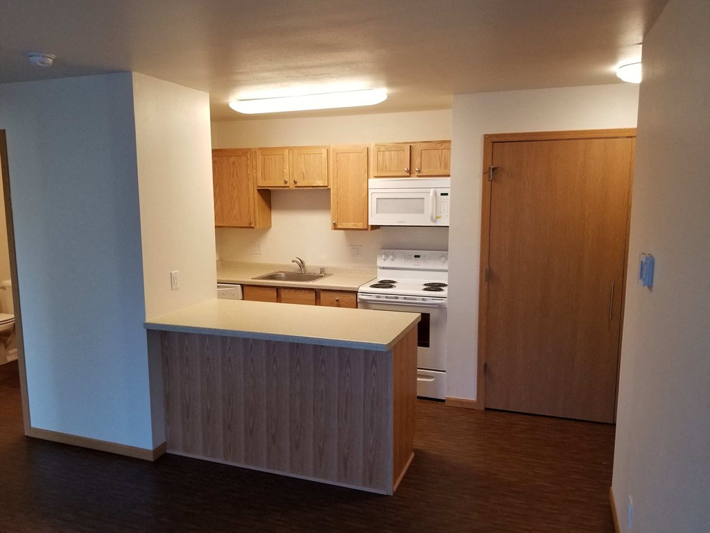 an empty kitchen with wooden cabinets and a white counter top