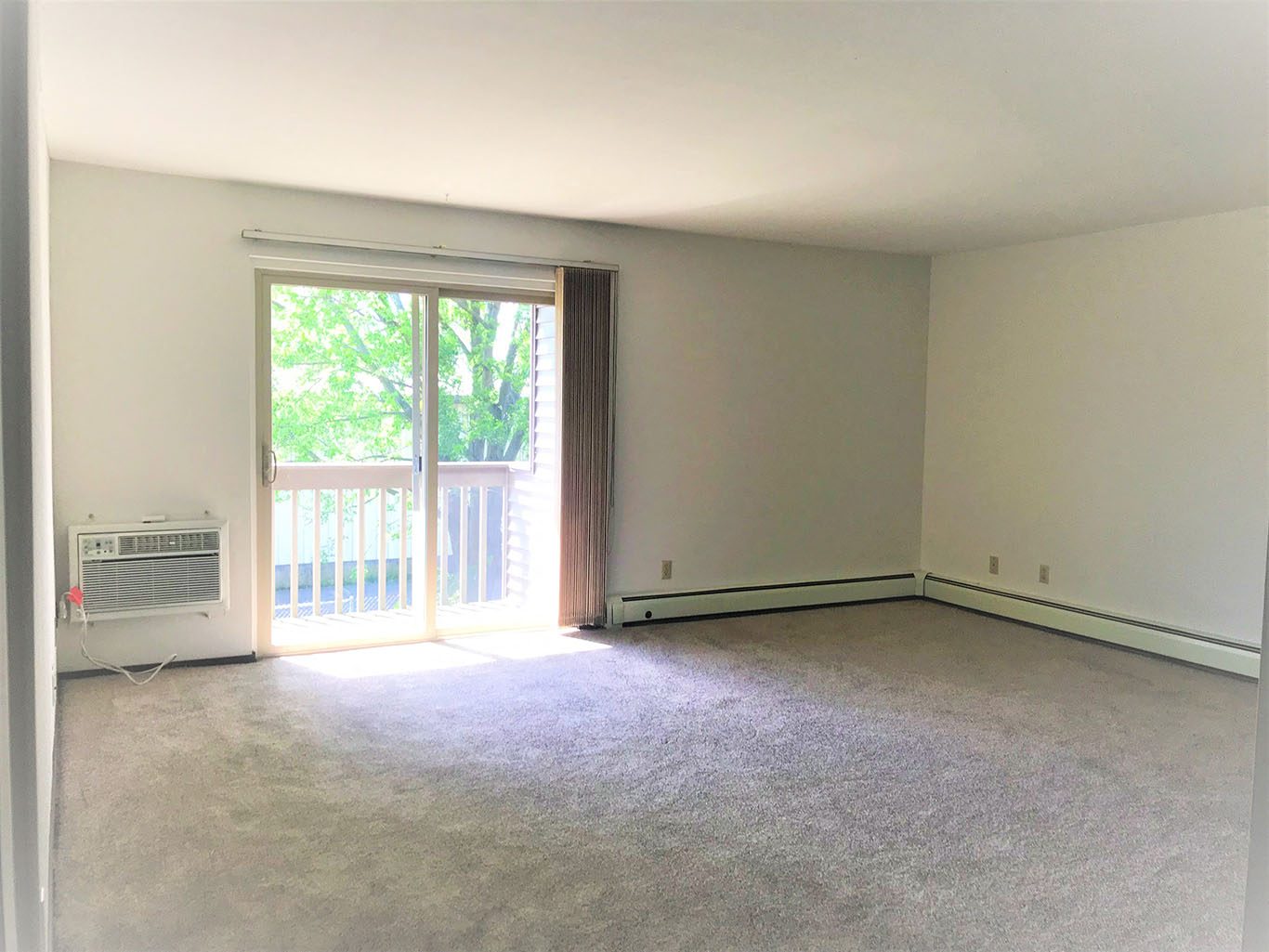 A room with a carpeted floor and a sliding glass door leading to a balcony.