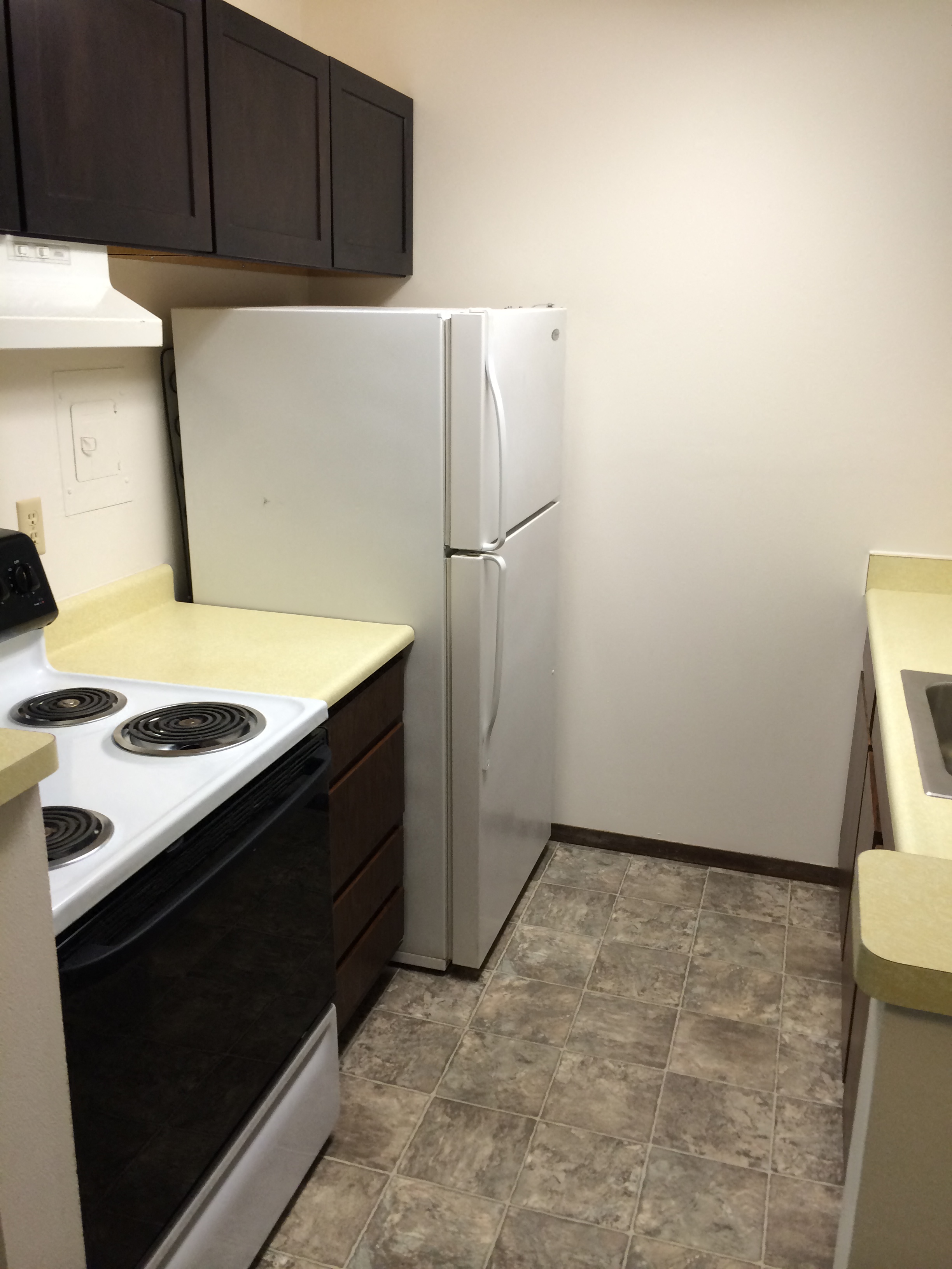 A kitchen with a white fridge and black stove.