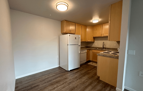 a kitchen with a refrigerator and a stove and wooden cabinets