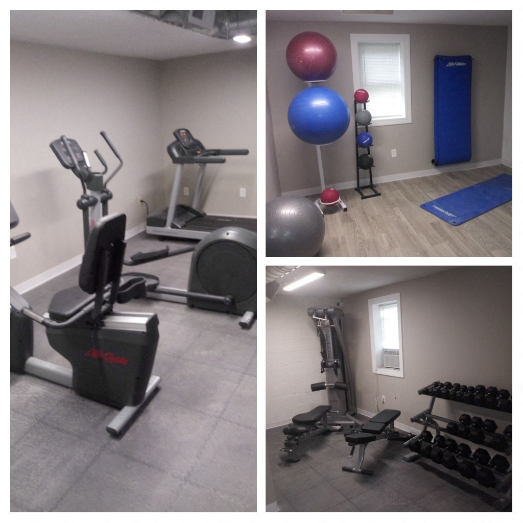 three different pictures of a gym with various machines and weights