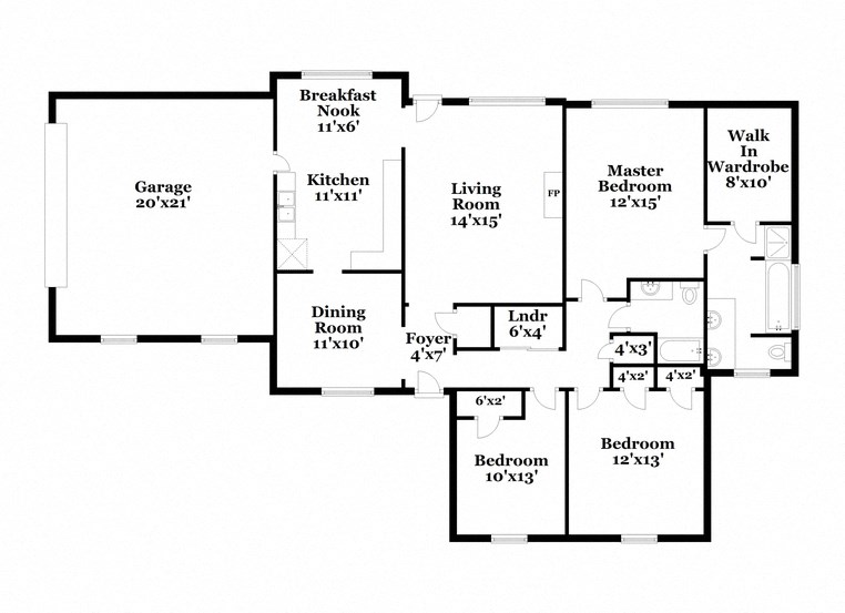 a floor plan of a house with two bedrooms and two bathrooms