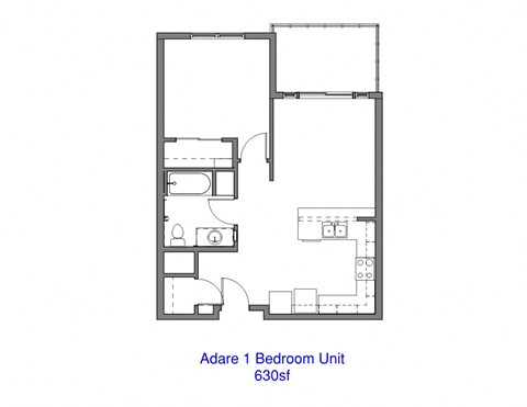 A floor plan of the Adare 1 Bedroom Unit, which is 630 square feet.