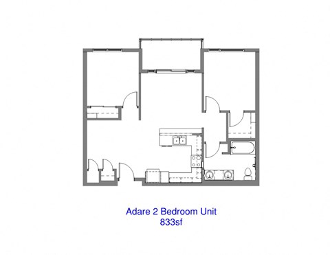 A floor plan of the Adare 2 Bedroom Unit, labeled as 833sf.