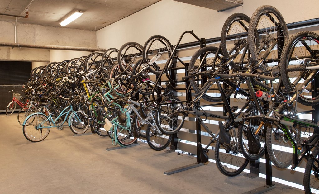 a bunch of bikes hanging on a rack in a room
