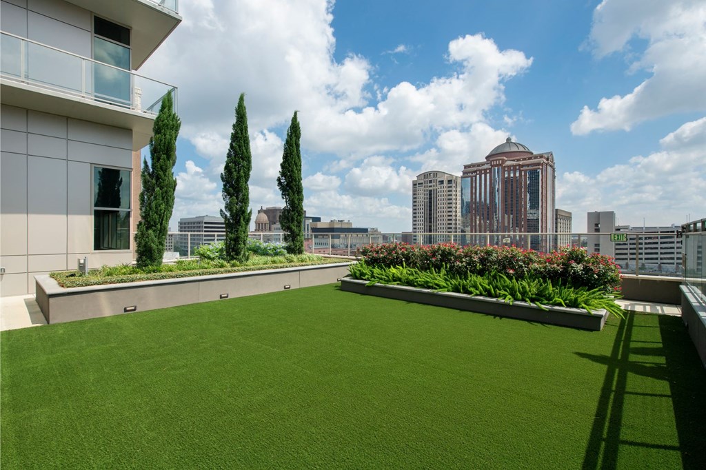 a lawn on the roof of a building with a city in the background