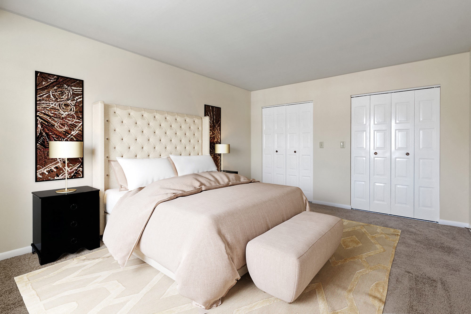 a bedroom with a bed and two closets