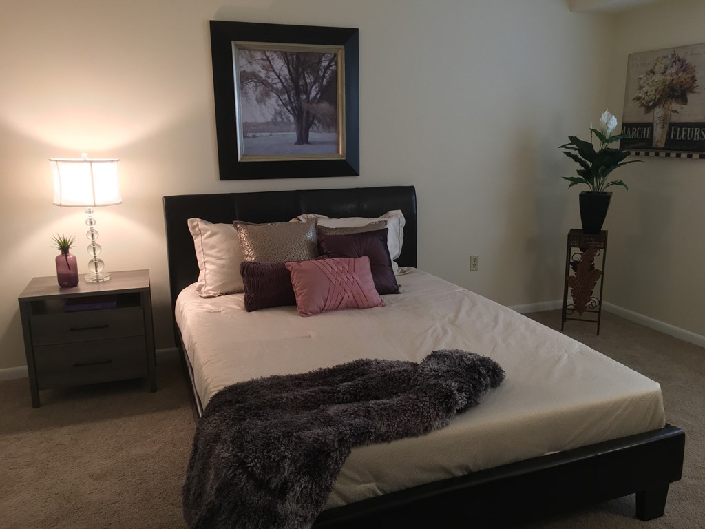 a bedroom with a bed with pillows and a furry blanket