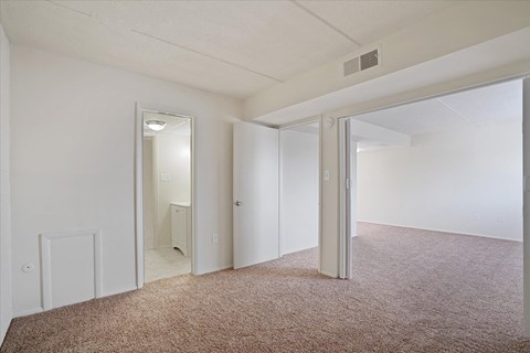 a bedroom with a carpeted floor and a mirrored closet