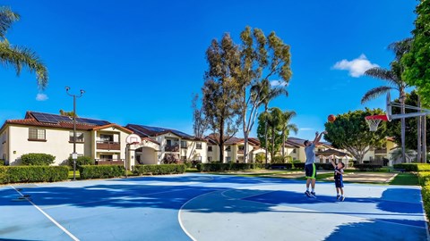 Two people playing basketball on a court in a residential area.