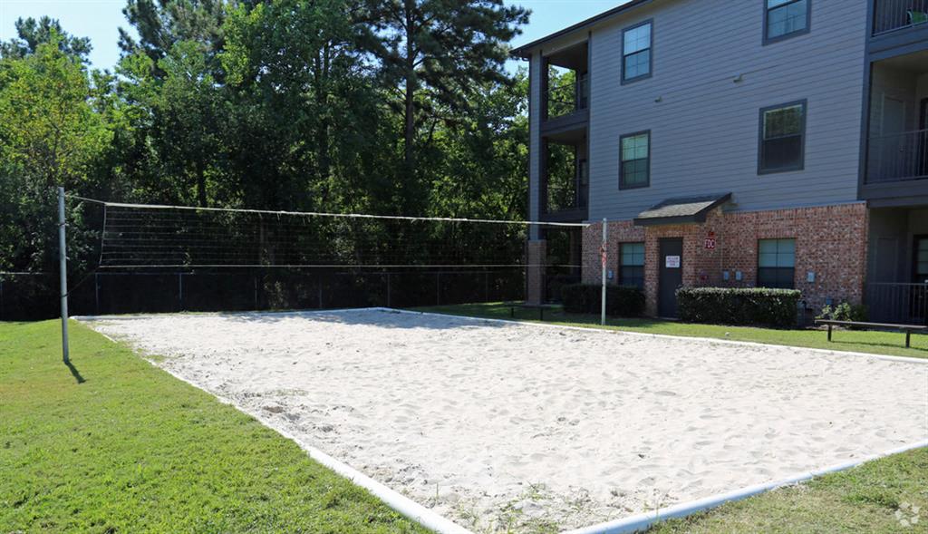 a volleyball court in a yard in front of a house