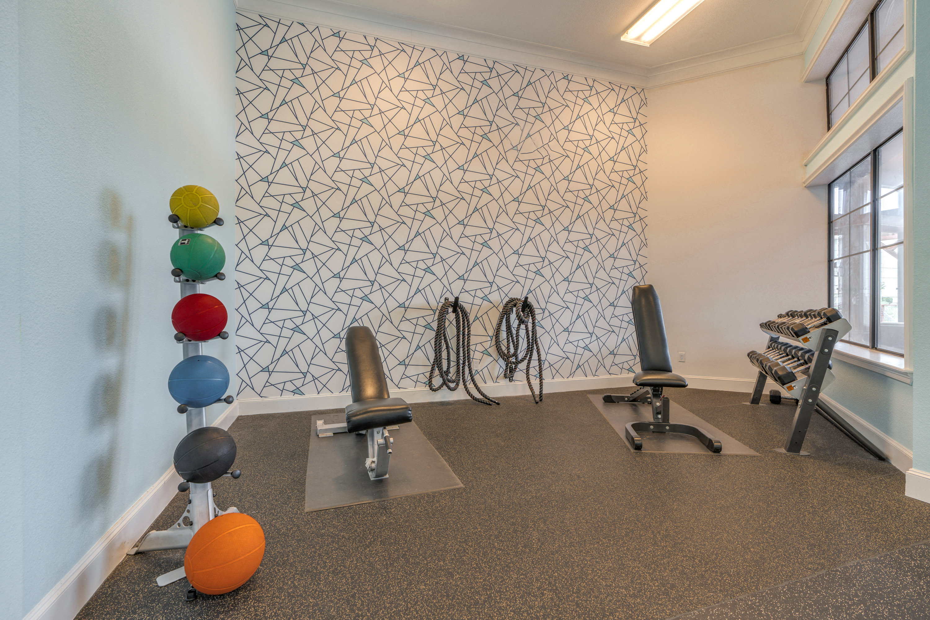 a fitness room with weights and balls and a wall with a geometric wallpaper