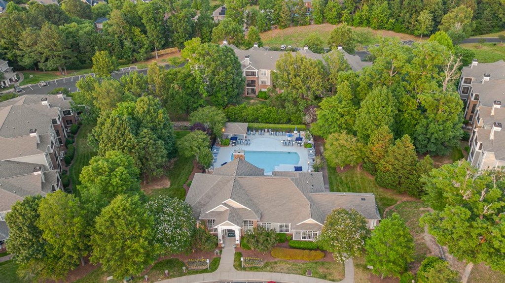 an aerial view of a pool in a neighborhood with houses and trees