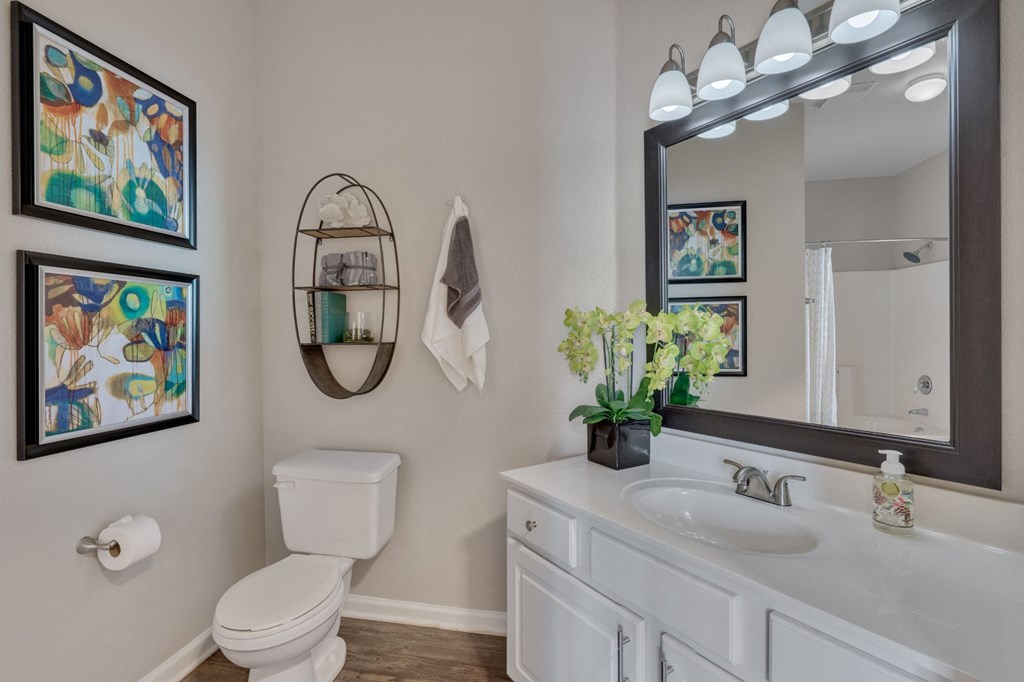 a bathroom with a large mirror and a toilet and a sink