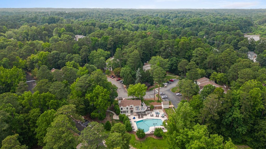 an aerial view of the estate and pool