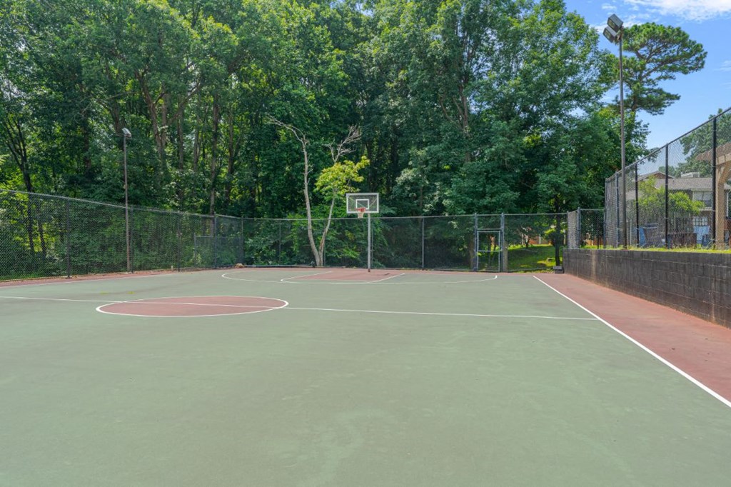 a basketball court in a park with trees