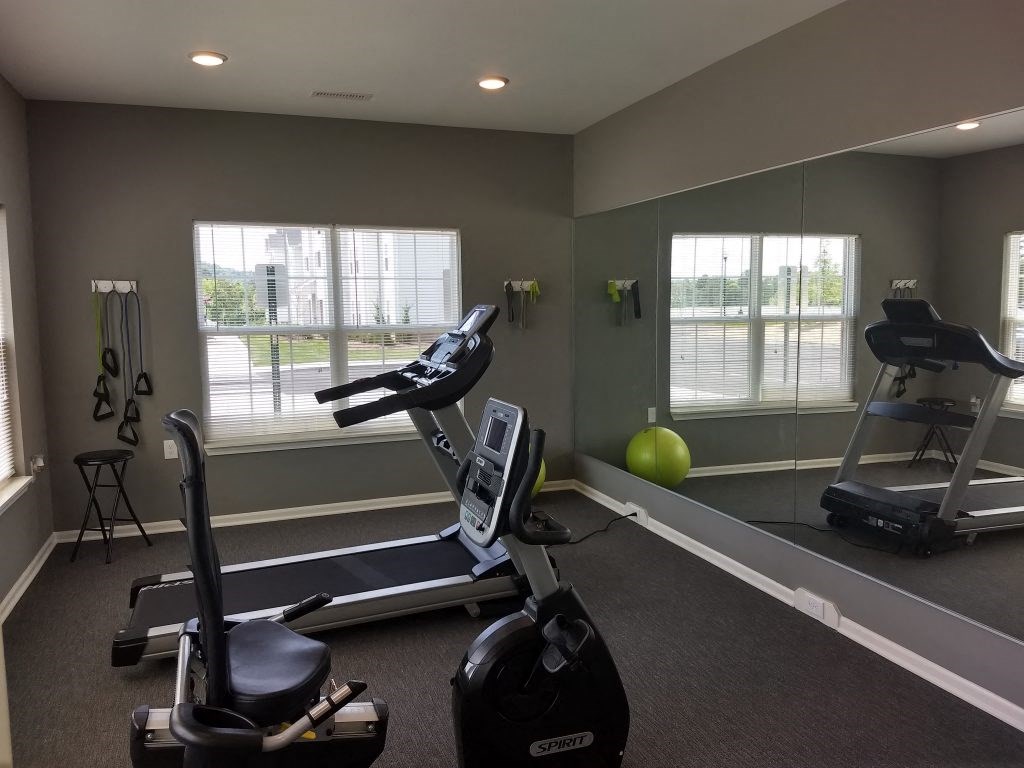 a workout room with a treadmill and weights in a home gym