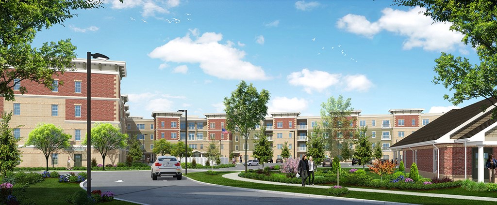 a rendering of an apartment complex with a car driving down a street