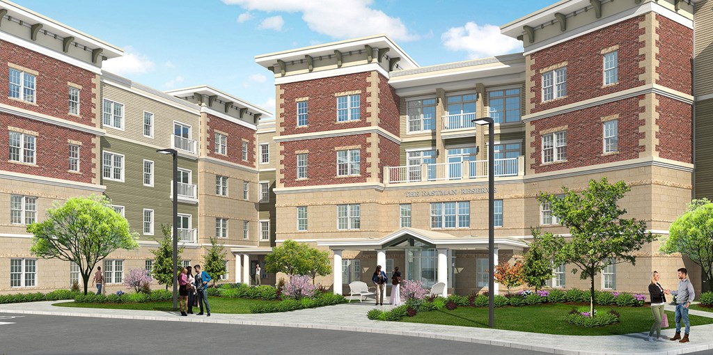 a rendering of a building with people walking in front of it