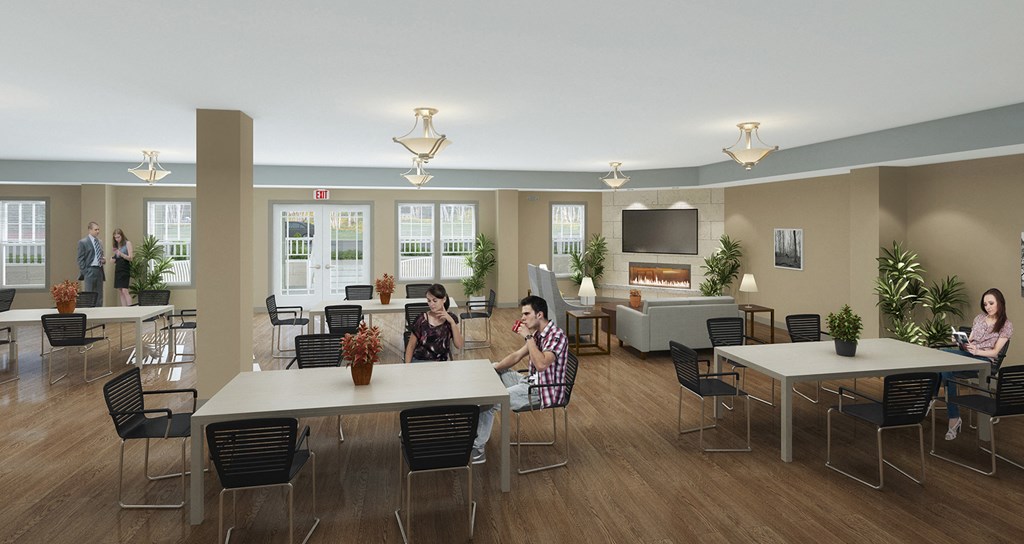 a rendering of a communal area with tables and chairs and a tv
