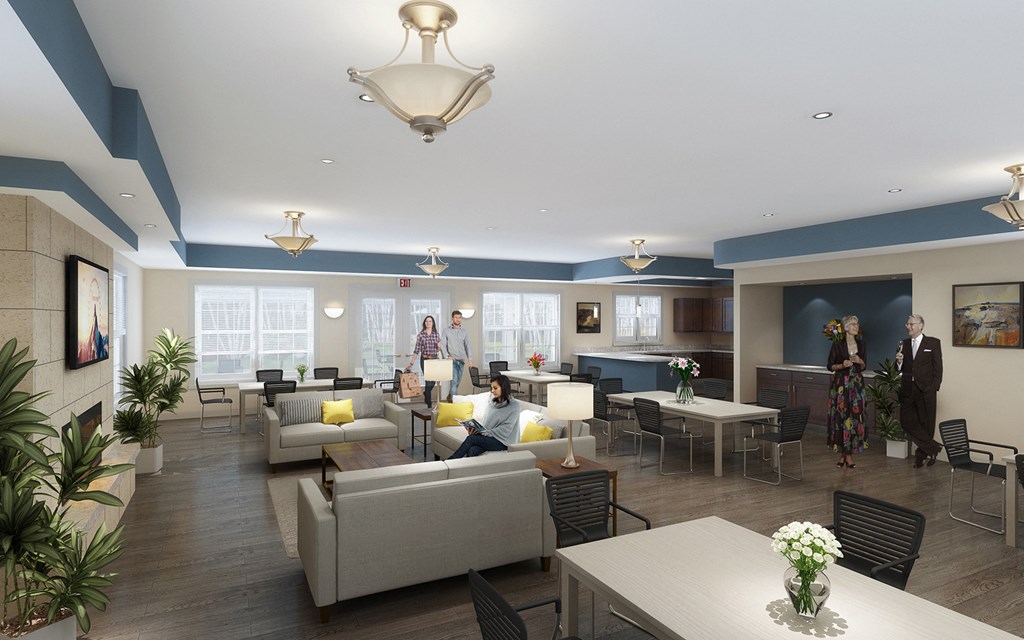 a rendering of a living room with couches and tables