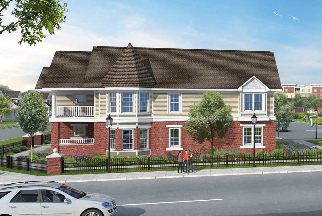 a rendering of a brick house with a porch and a car parked on the street