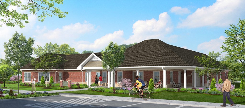 a rendering of a house with people walking and cycling in front of it
