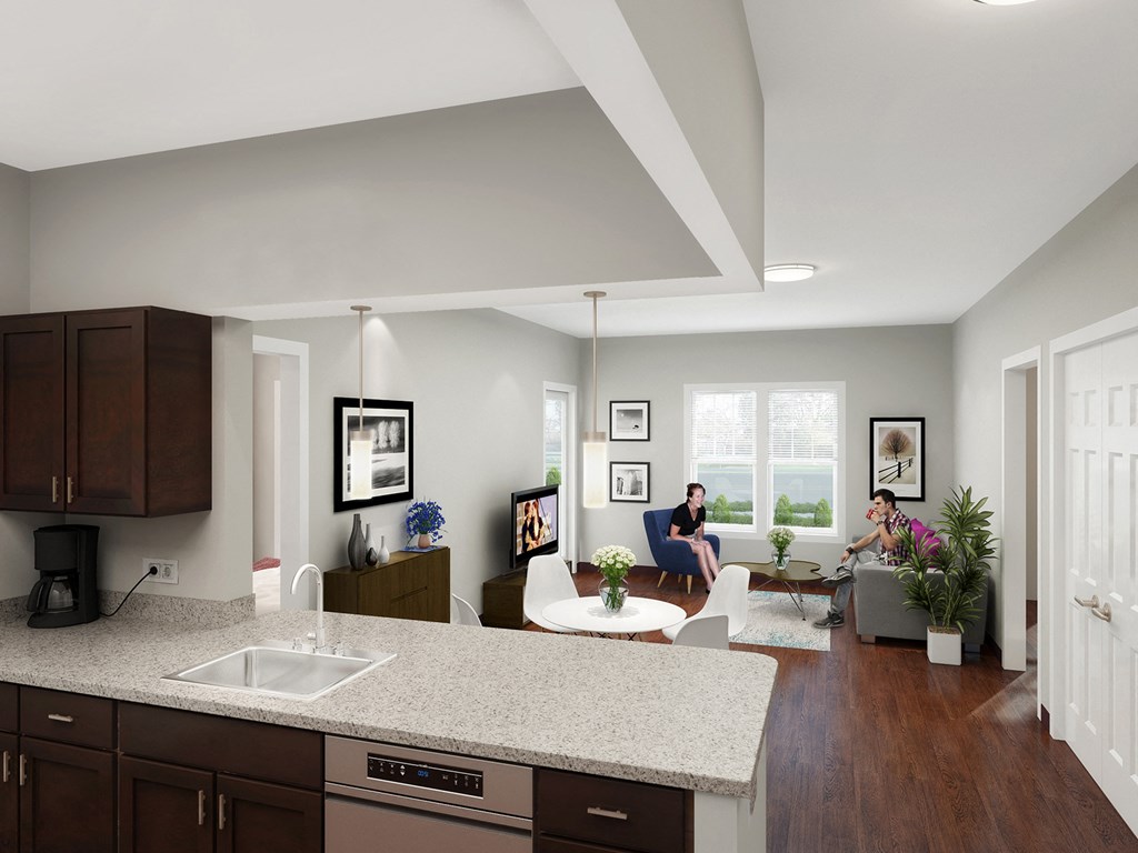 a kitchen and living room with a woman sitting on a couch in the background