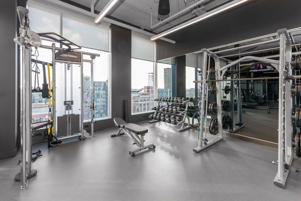 a gym with weights and a view of the city