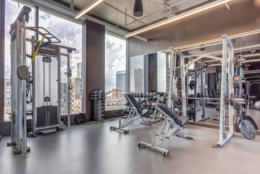 a fitness room with weights and a view of the city