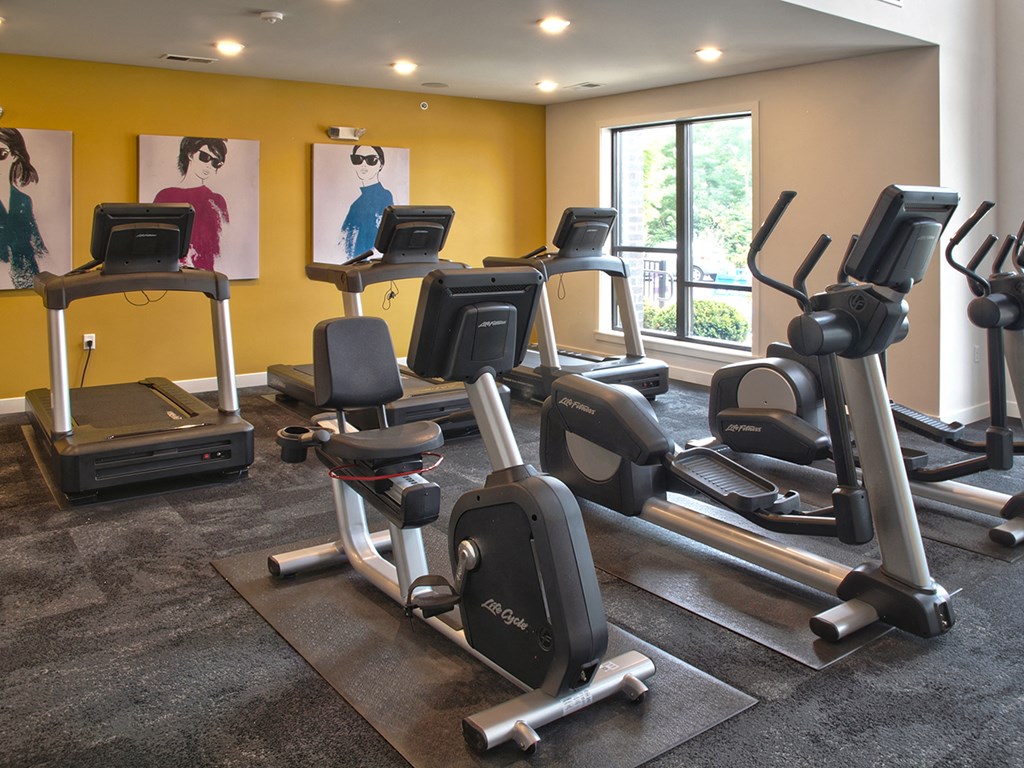 a gym with cardio equipment and a large window
