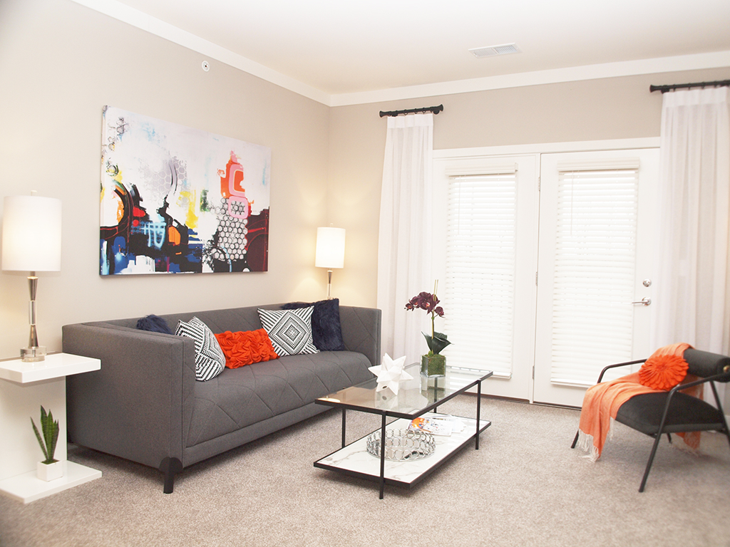 a living room with a couch and a coffee table