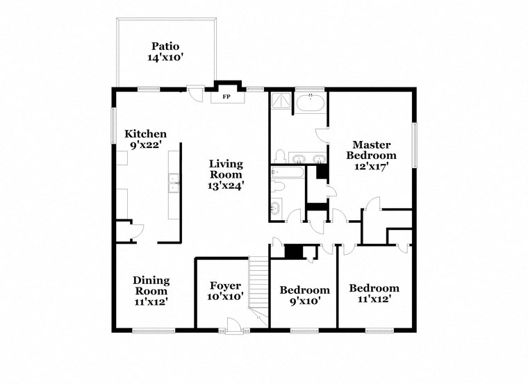a floor plan of a house with two bedrooms and a kitchen and a living room