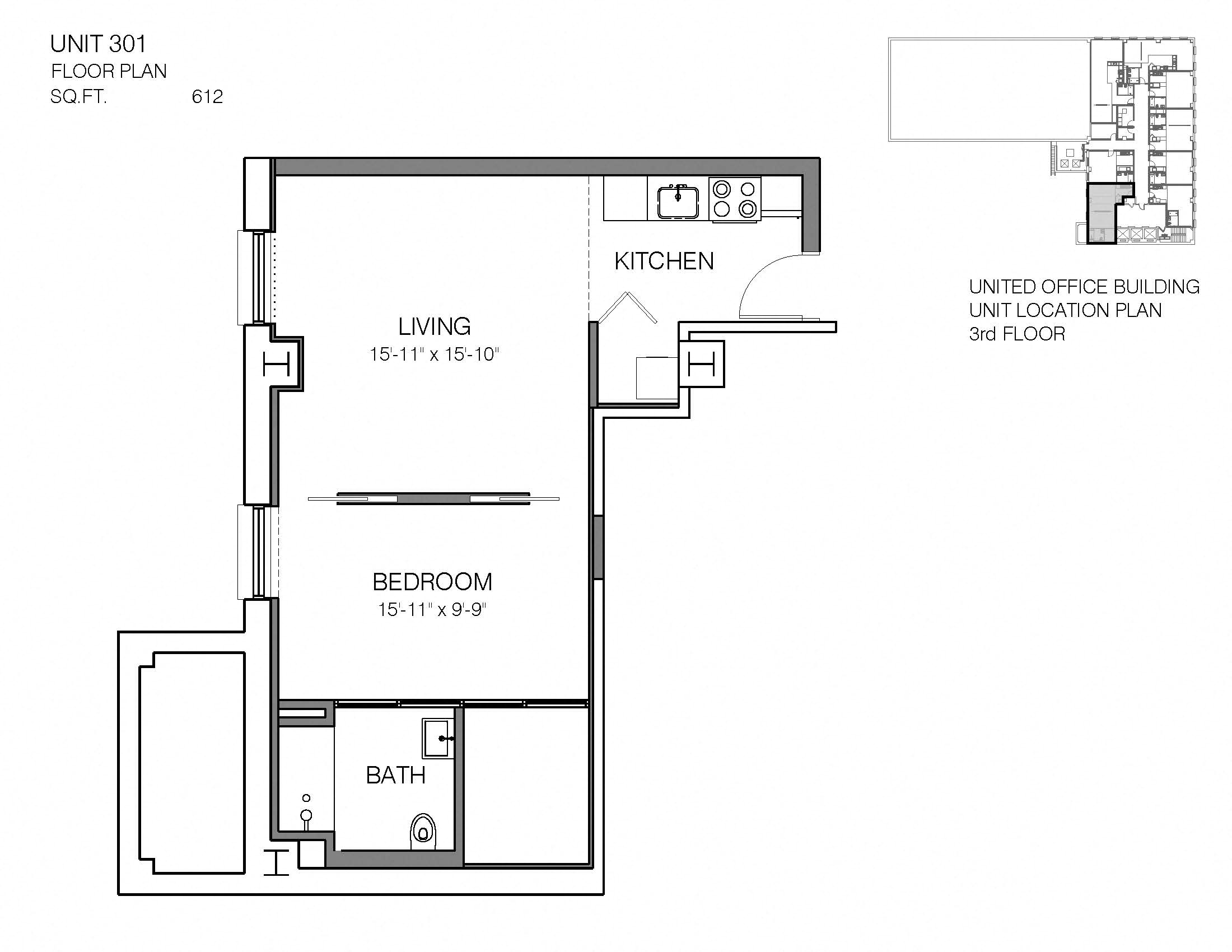 1 Bed 1 Bath 301 Floor Plan at Market District Lofts, 2012 W. 25th St, Cleveland