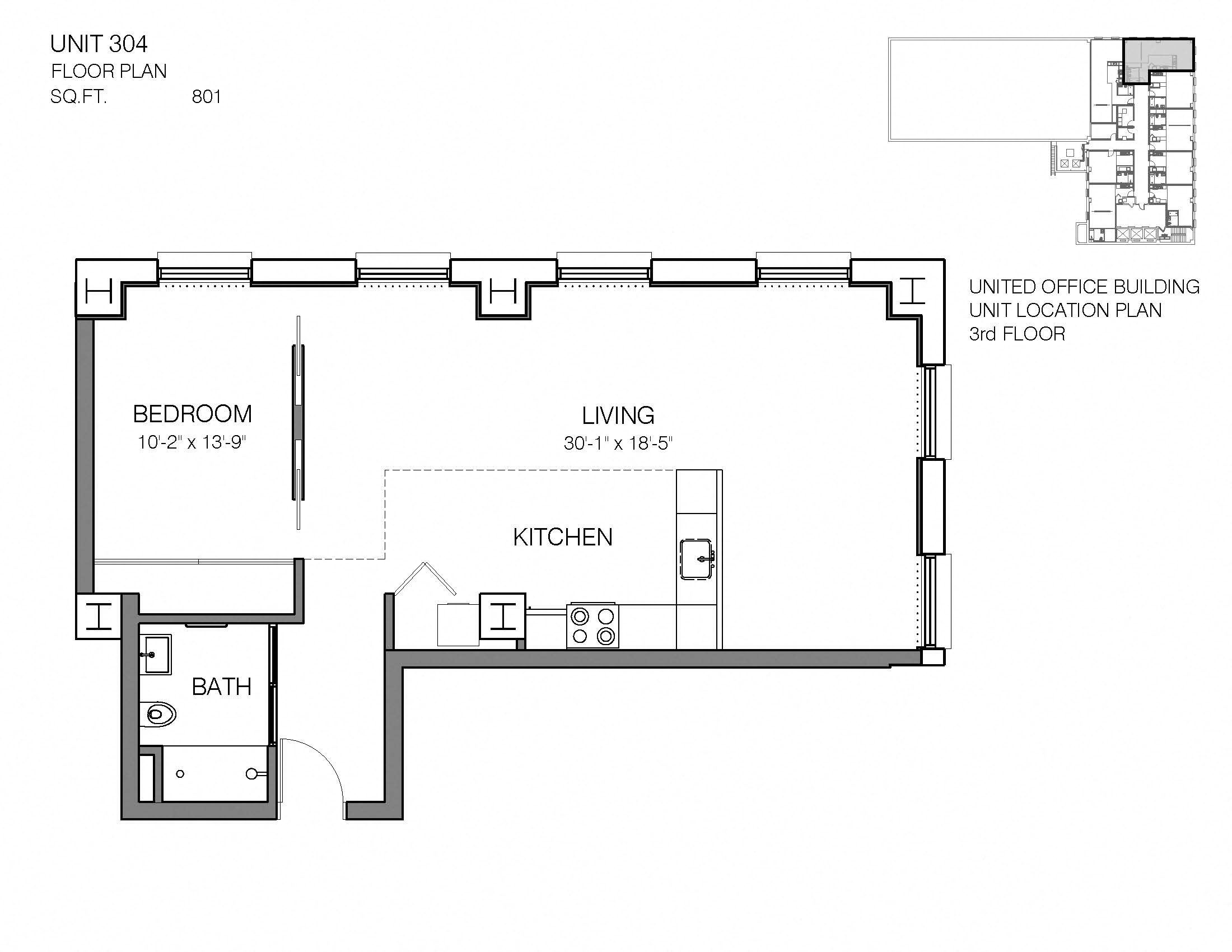 1 Bed 1 Bath 304 Floor Plan at Market District Lofts, Ohio, 44113