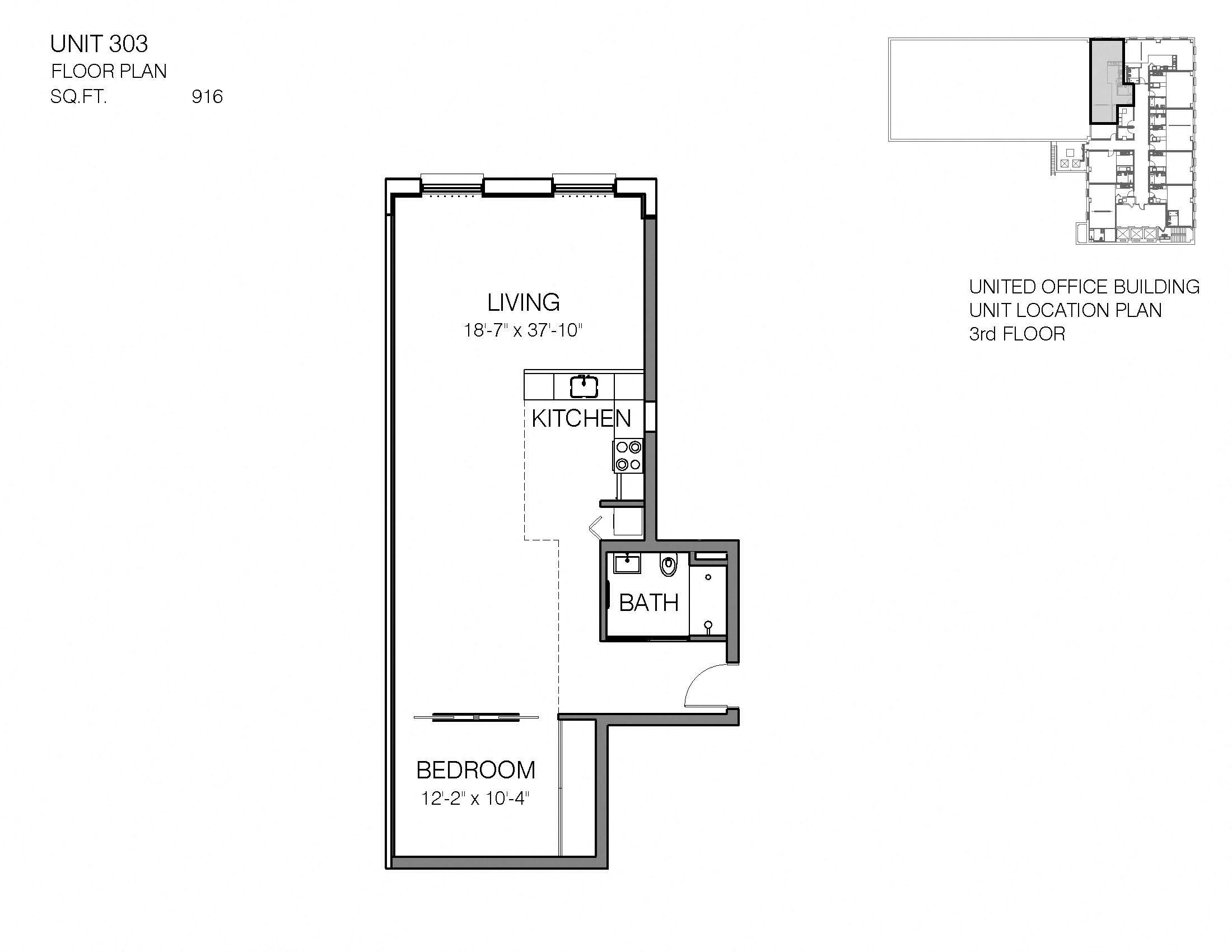 1 Bed 1 Bath 303 Floor Plan at Market District Lofts, Cleveland, Ohio