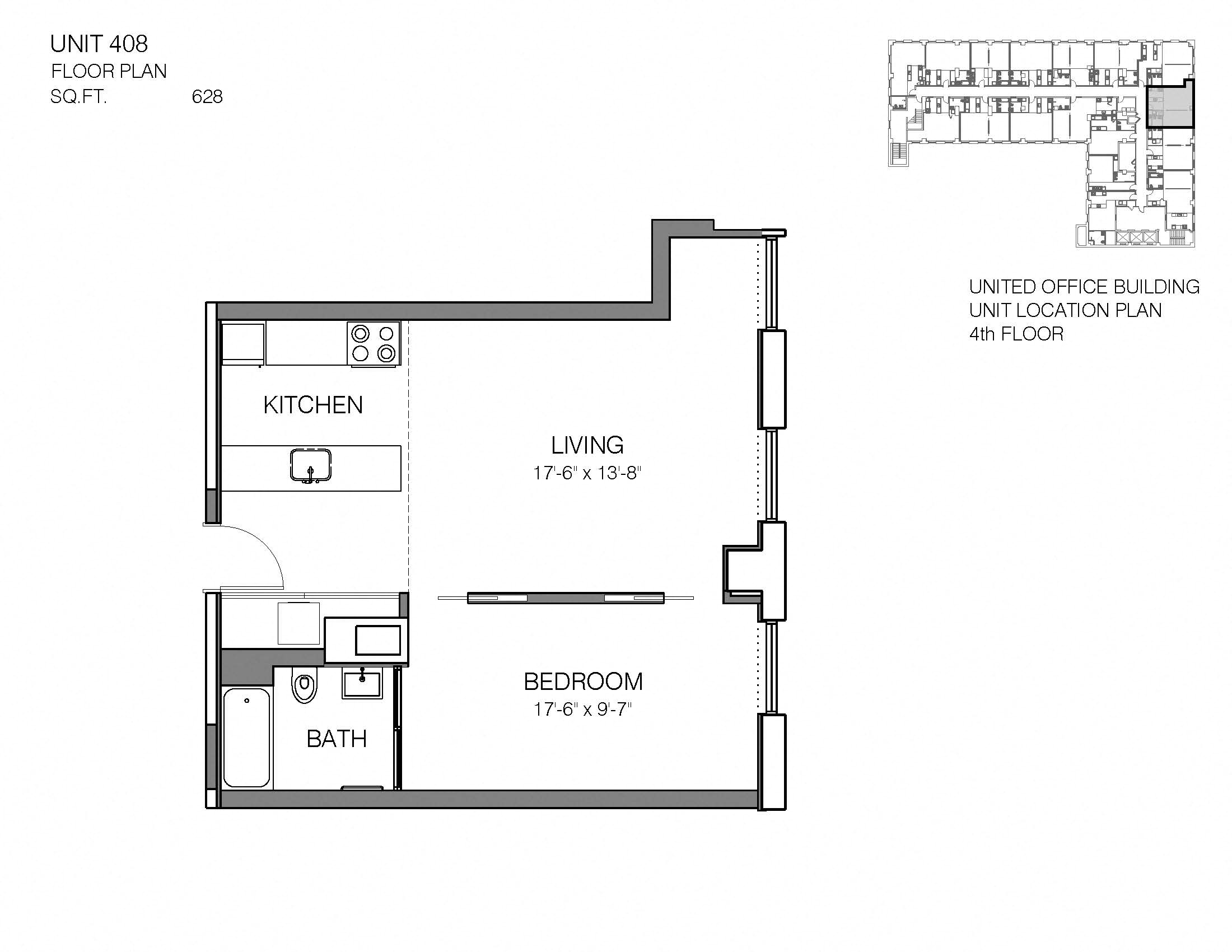 1 Bed 1 Bath 408 Floor Plan at Market District Lofts, 2012 W. 25th St, Cleveland