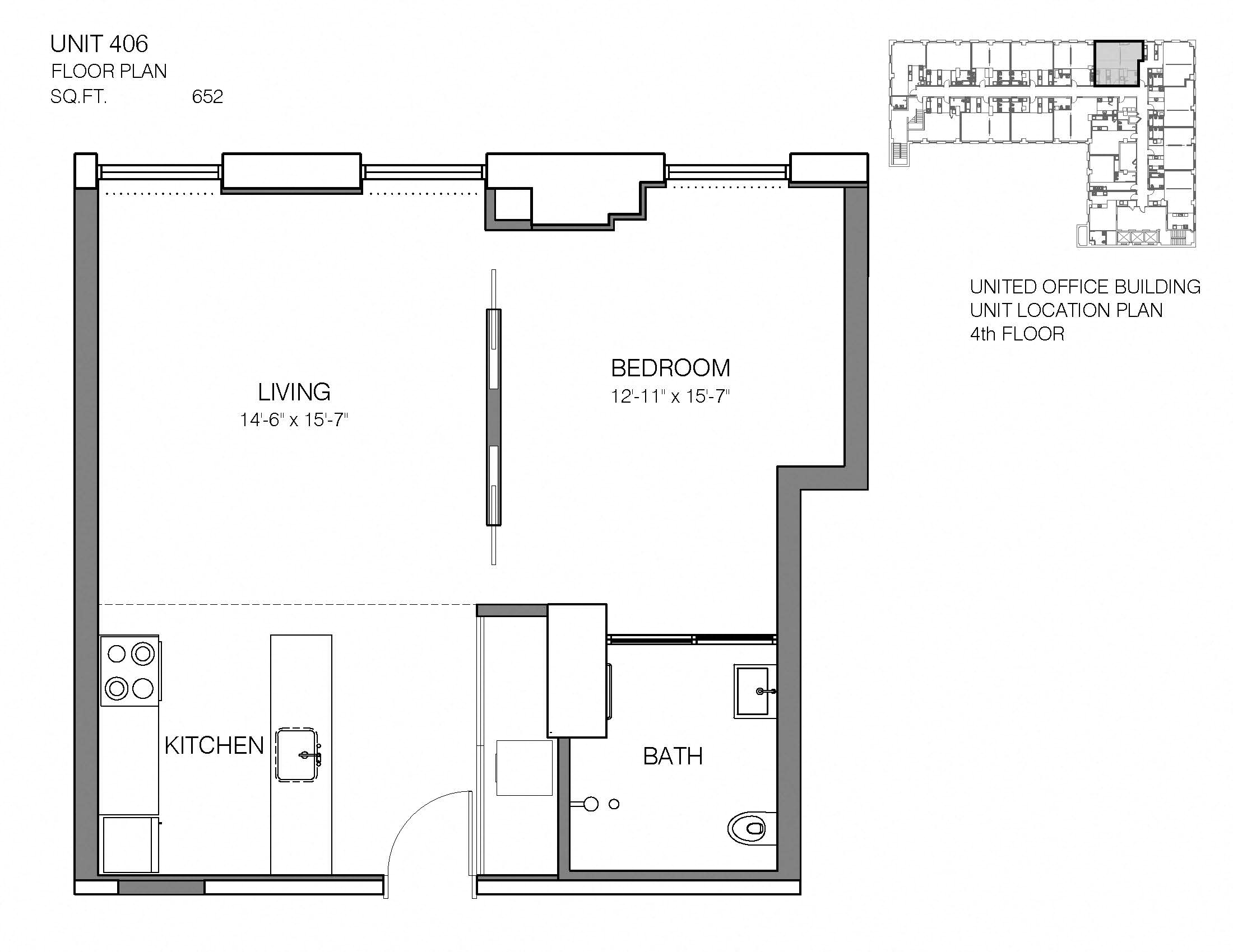 1 Bed 1 Bath 406 Floor Plan at Market District Lofts, Cleveland, Ohio
