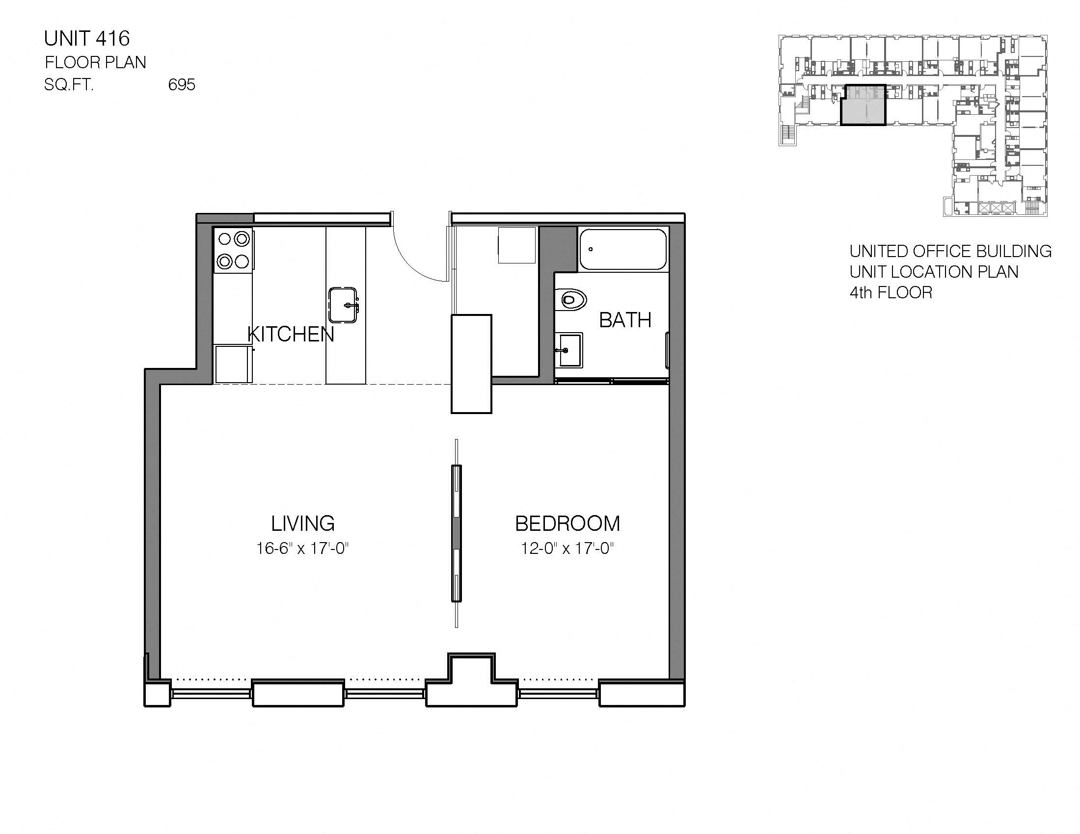 1 Bed 1 Bath 416 Floor Plan at Market District Lofts, 2012 W. 25th St, Cleveland
