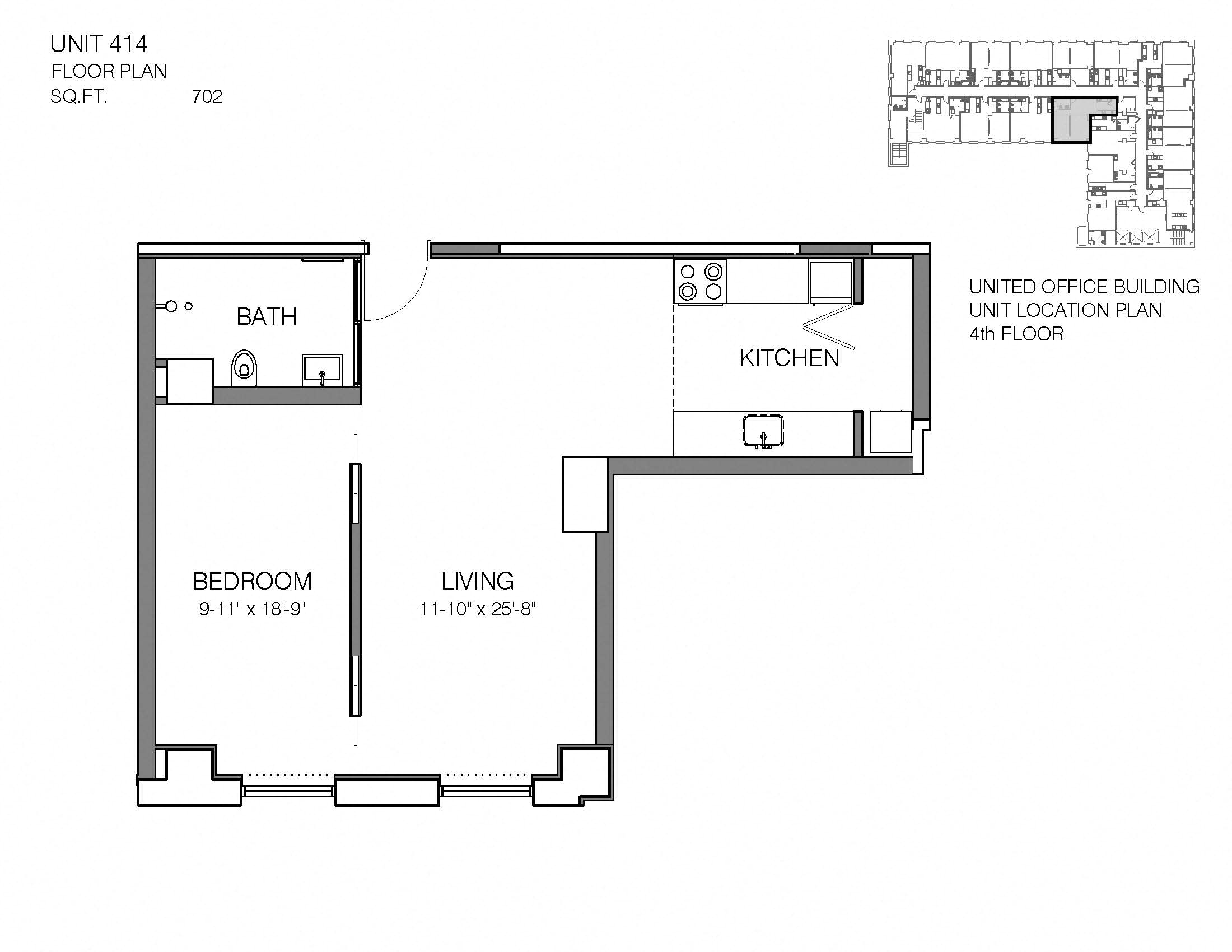 1 Bed 1 Bath 414 Floor Plan at Market District Lofts, 2012 W. 25th St, Cleveland