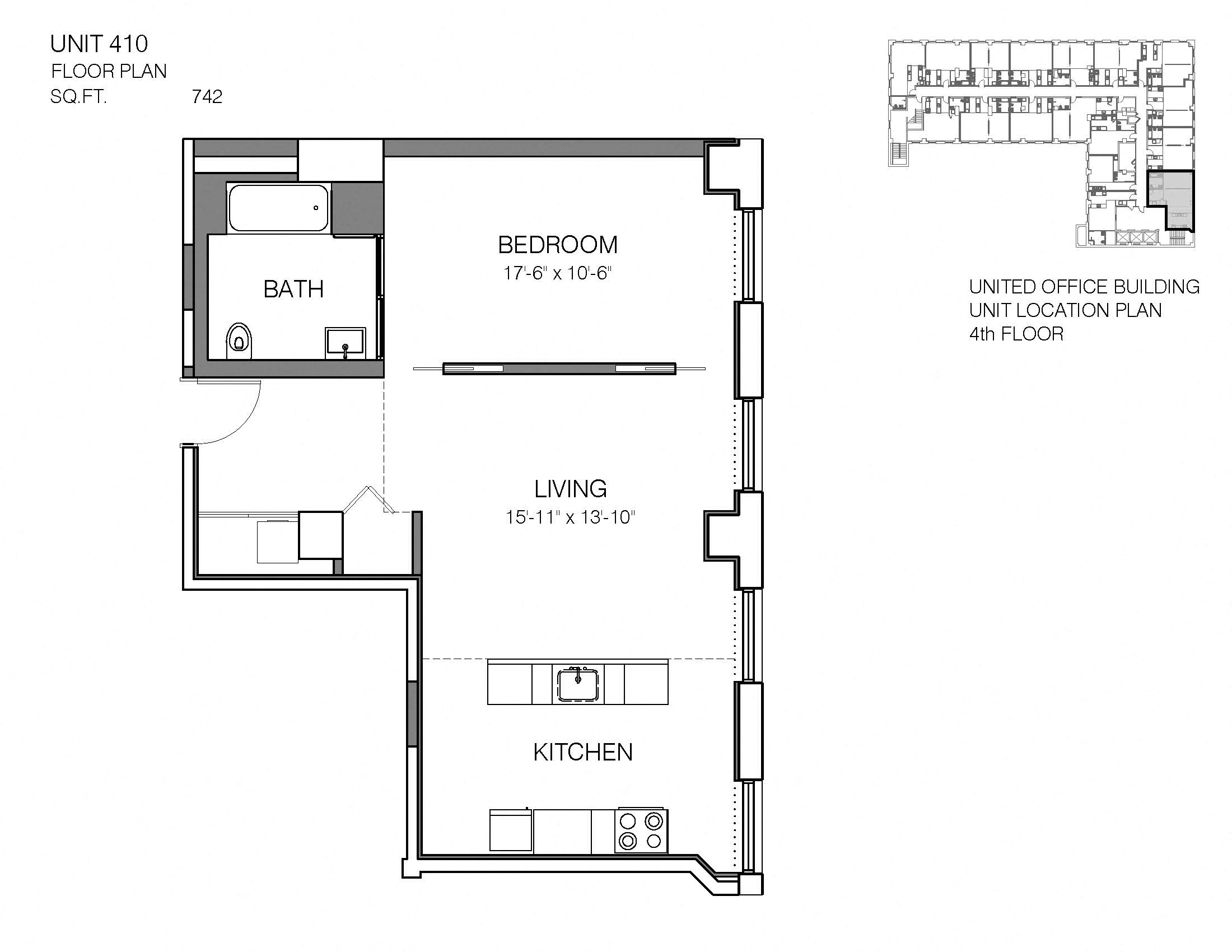 1 Bed 1 Bath 410 Floor Plan at Market District Lofts, Cleveland, Ohio