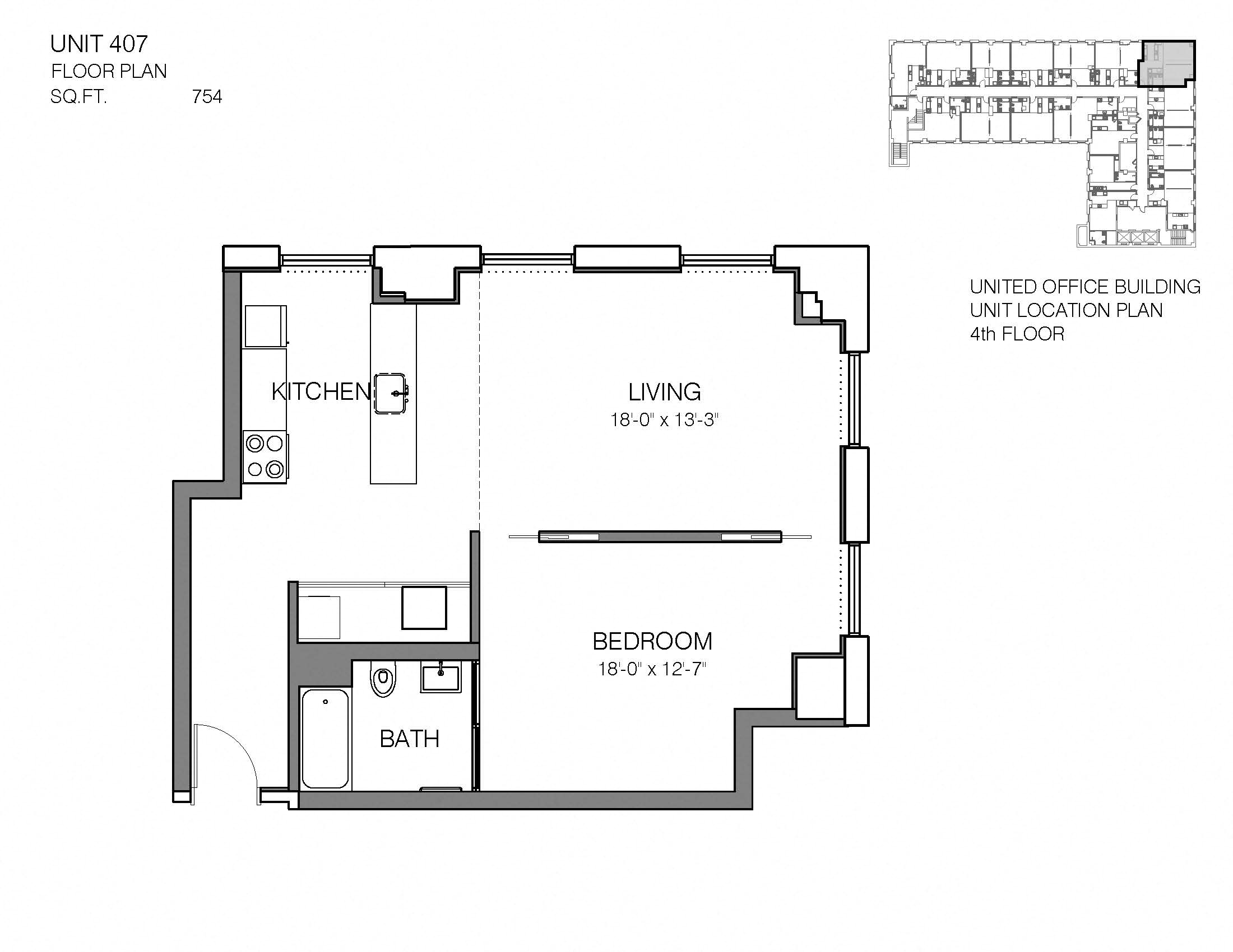 1 Bed 1 Bath 407 Floor Plan at Market District Lofts, Cleveland, OH