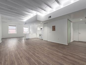 Living Room with Hardwood Floors at Market District Lofts, Cleveland