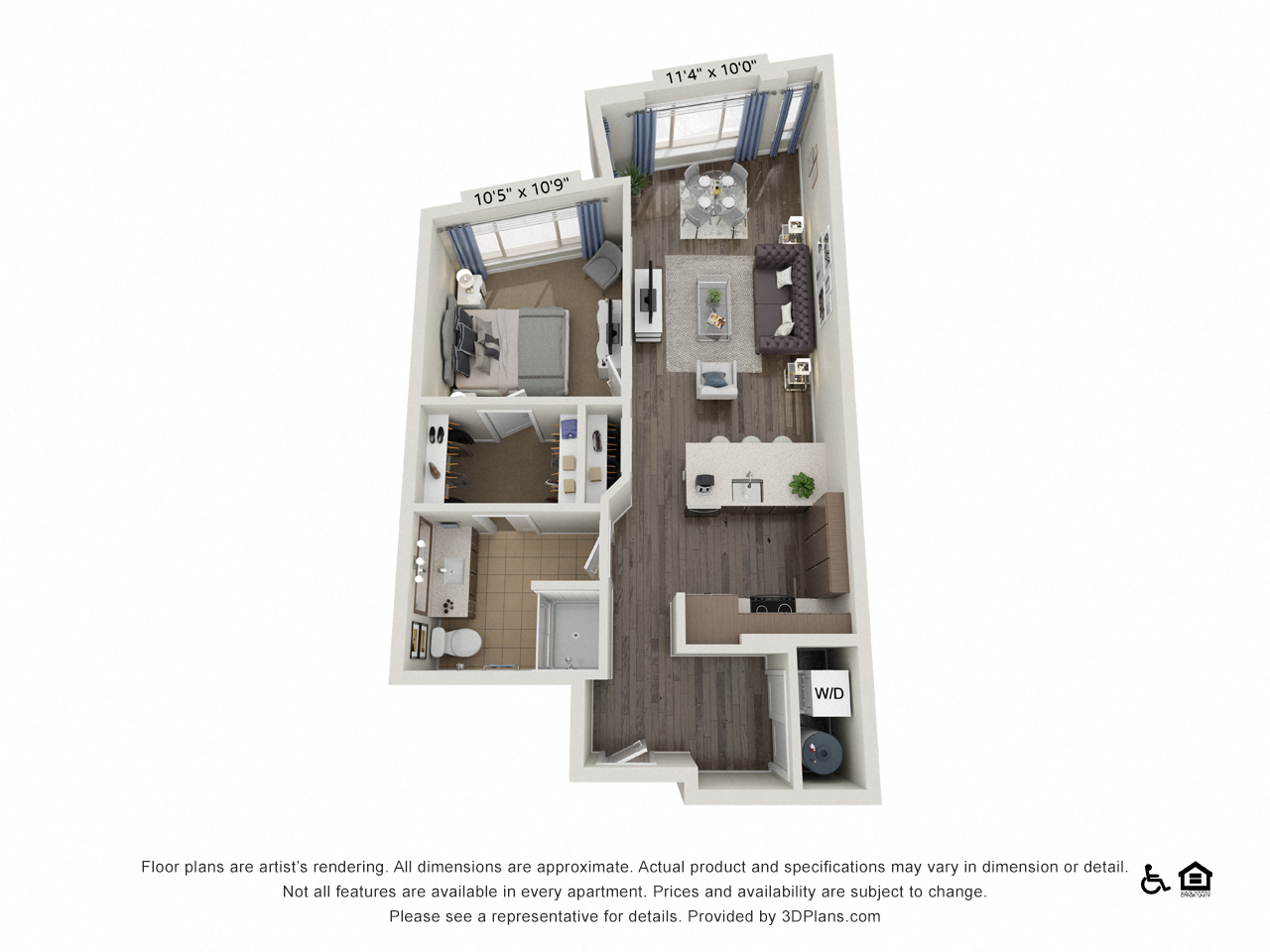 A 3D floor plan of an apartment with two bedrooms, a living room, a kitchen, and a bathroom.