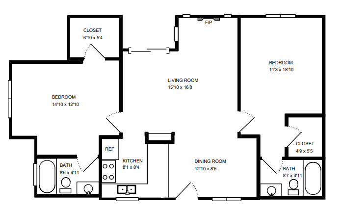 2 bath 2 bedroom floor plan A at Alon Apartments, Los Angeles, 90034
